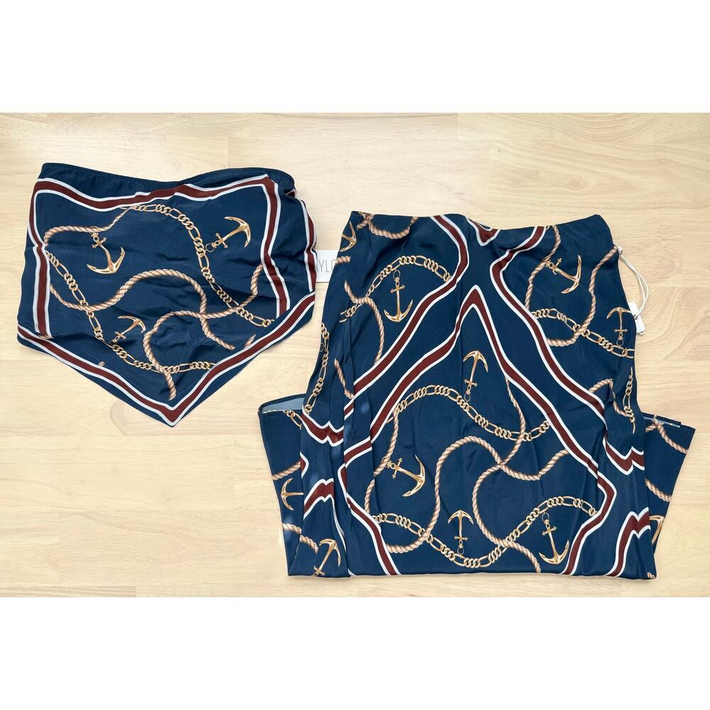 NWT Saylor Saxon Nautical Status Print Resort Midi Skirt Set Deep Navy Small